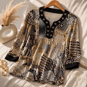 Abstract Print Grommet Neck Blouse Neutral Black Tan Artsy Petite Top